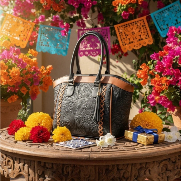 Black Brown Cross Stitch Embossed Tooled Artisan LEATHER Hobo Bag Purse